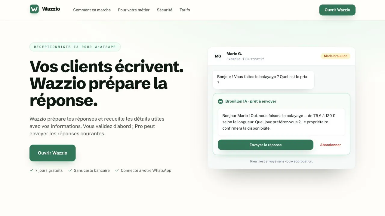 Page publique de Wazzio présentant son assistant WhatsApp et un exemple de réponse à valider.